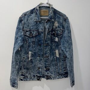 Distressed Vintage Denim Jacket Dark Acid Wash with Rips